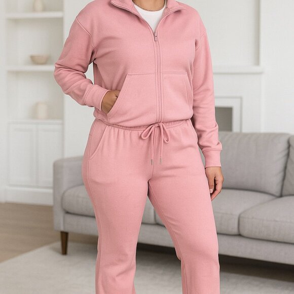 OTOS Thermal Sweatsuit Jacket Zip Up Pants Drawstring Soft Fleece Warm Pink M - Picture 1 of 9